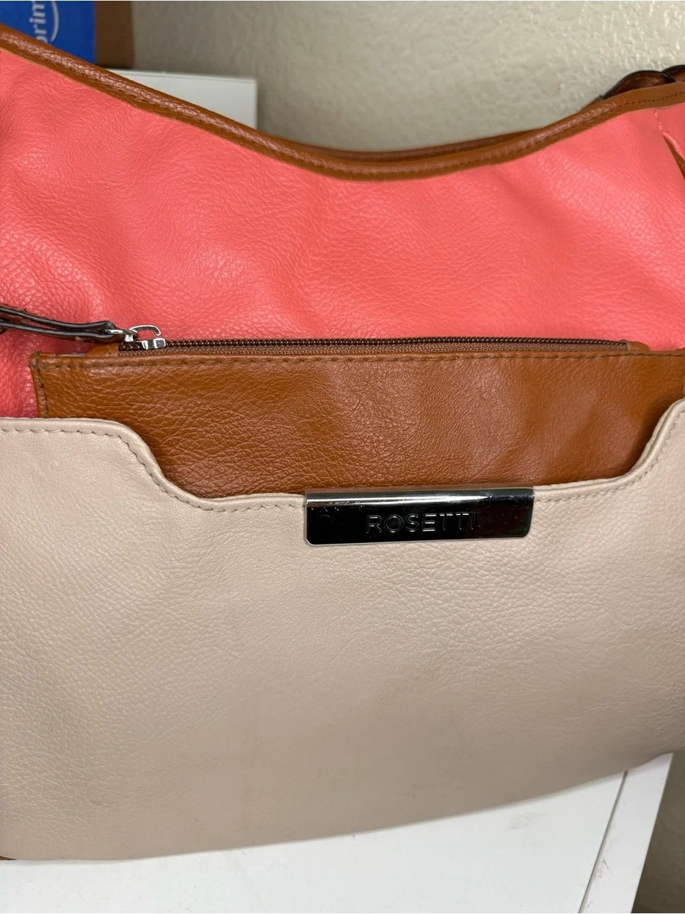 Rosetti Colorblock Hobo Shoulder Bag Pink Beige Brown Faux Leather Multi Pocket